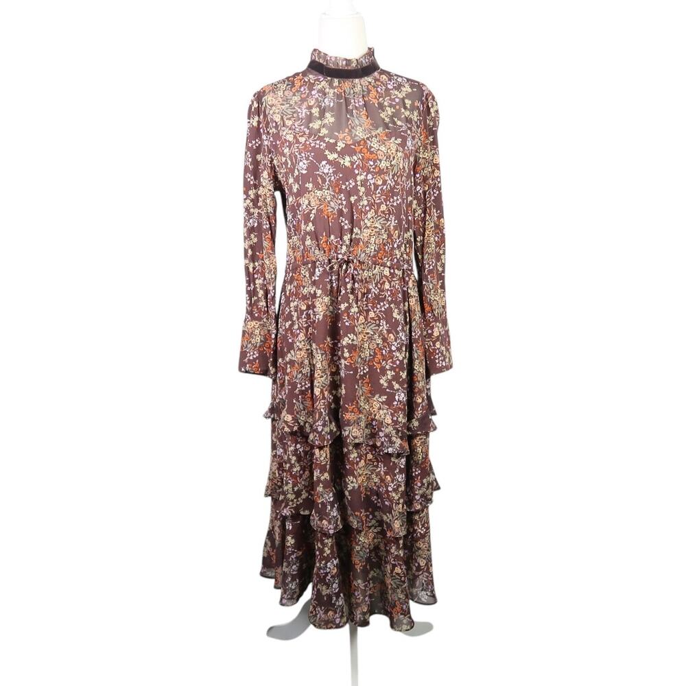 Thursday Island brown floral long sleeve tiered midi dress M